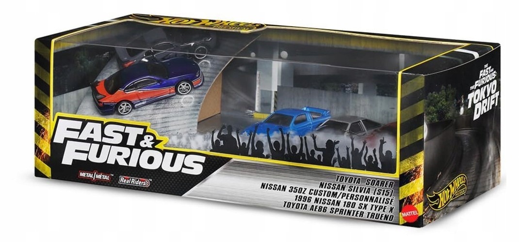 Hot Wheels Premium Dioráma Fast & Furious Tokyo Drift JFL99 sada 5 áut – Toyota AE86, Nissan Silvia S15, 350Z, 180SX a Soarer