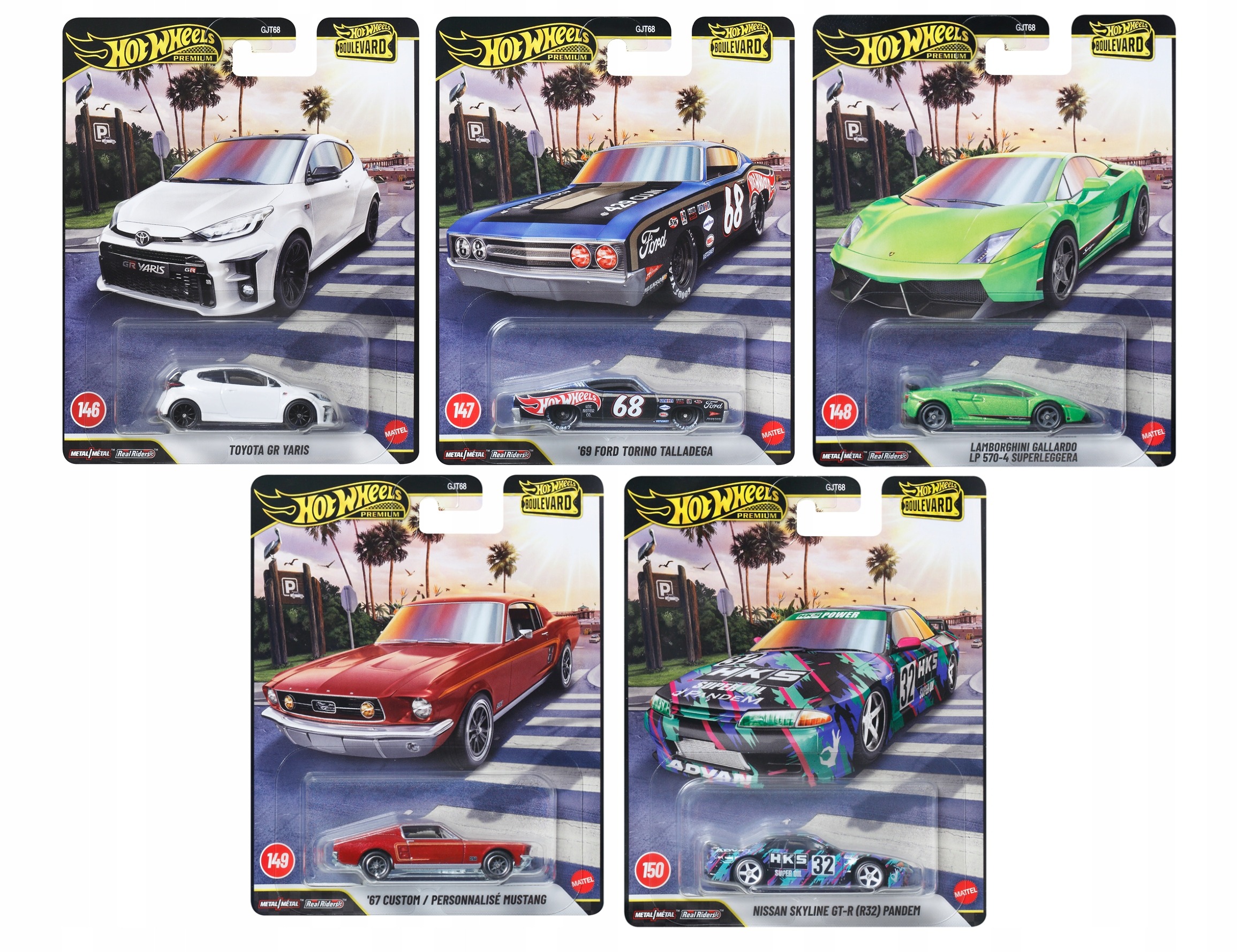 Hot Wheels Premium Boulevard GJT68 sada 5 áut #146–150 – Toyota GR Yaris, Lamborghini Gallardo, Nissan Skyline GT-R R32 a ďalšie