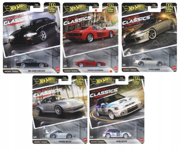 Hot Wheels Premium Modern Classic JKD99 sada 5 áut – Nissan Nismo 270R, Ferrari Testarossa, Toyota Soarer, Porsche 993 GT2, Mazda 323 GTR