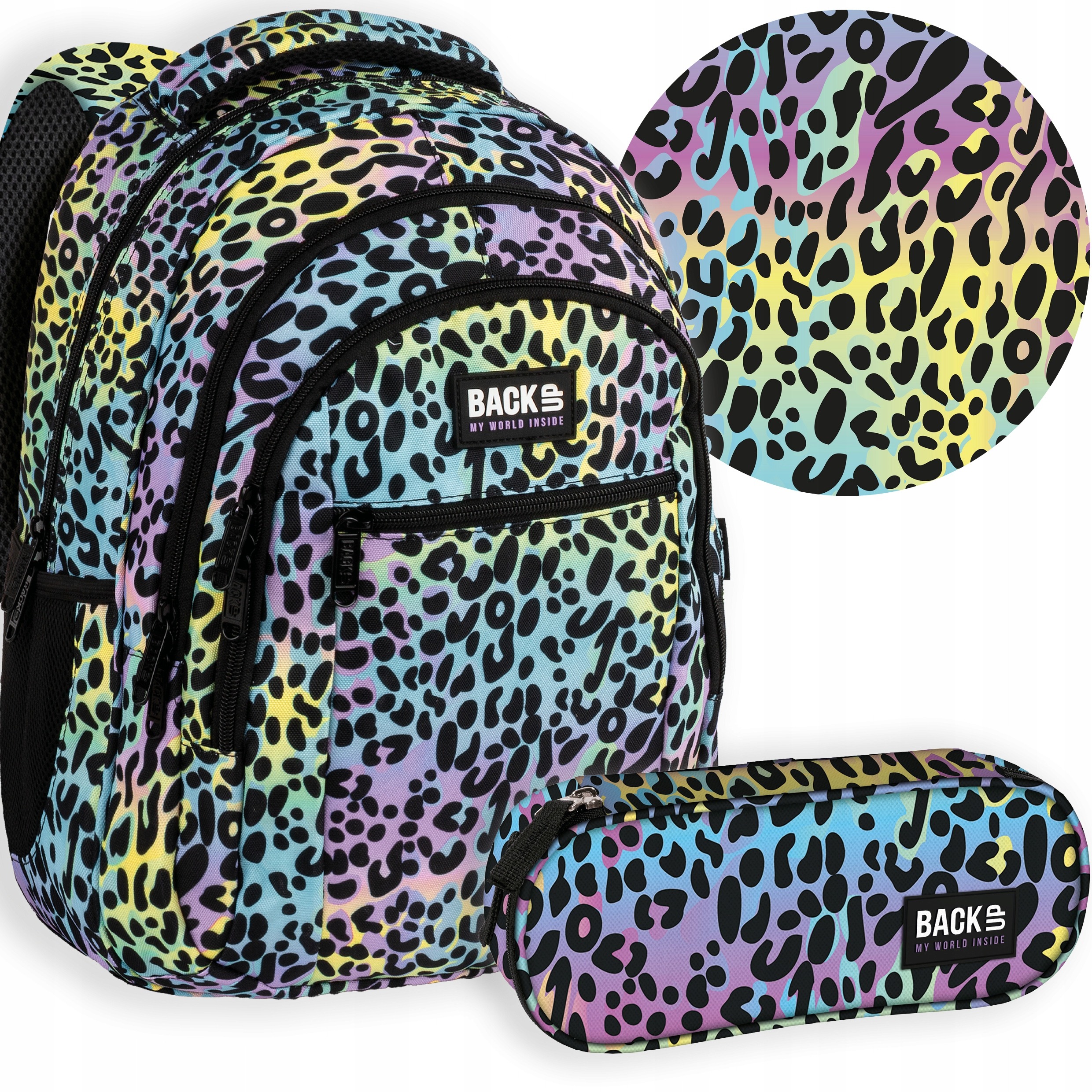 BackUP Rainbow Leopard školský set 2v1 pre dievčatá – batoh a peračník s leopardím vzorom