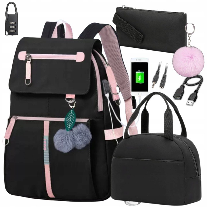 Školský batoh 7v1 USB s peračníkom a obedárom – veľký mládežnícky batoh 37 l na notebook 15,6"