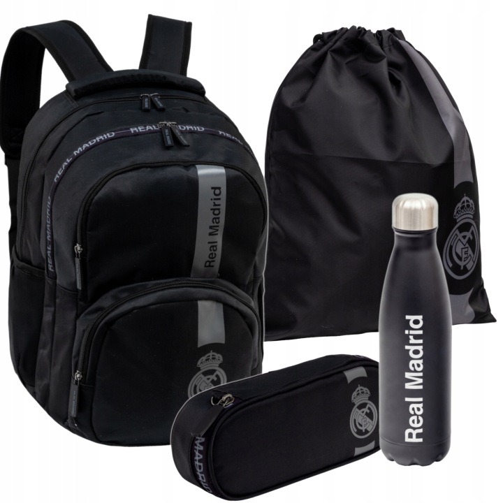 Real Madrid Black školský set 4v1 pre fanúšikov – batoh, peračník, taška a termofľaša 500 ml