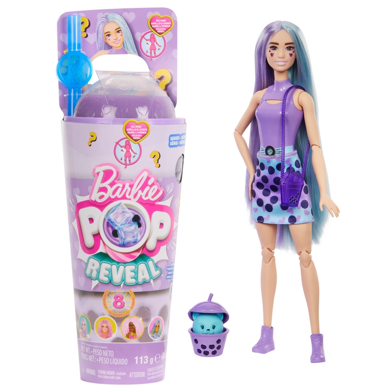 Barbie Pop Reveal Taro Milk Doll Bubble Tea Series voňavá módna bábika, figúrka zvieraťa a 8 prekvapení vrátane meniacej farby, senzorická hračka, sada prekvapení, HTJ19 HTJ19