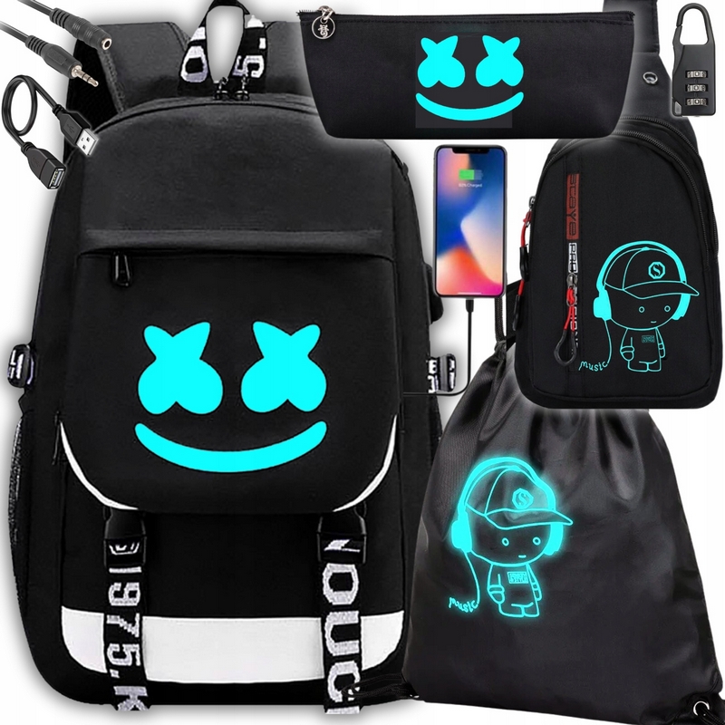 Svetielkujúci školský batoh Marshmello s USB a 7v1 príslušenstvom