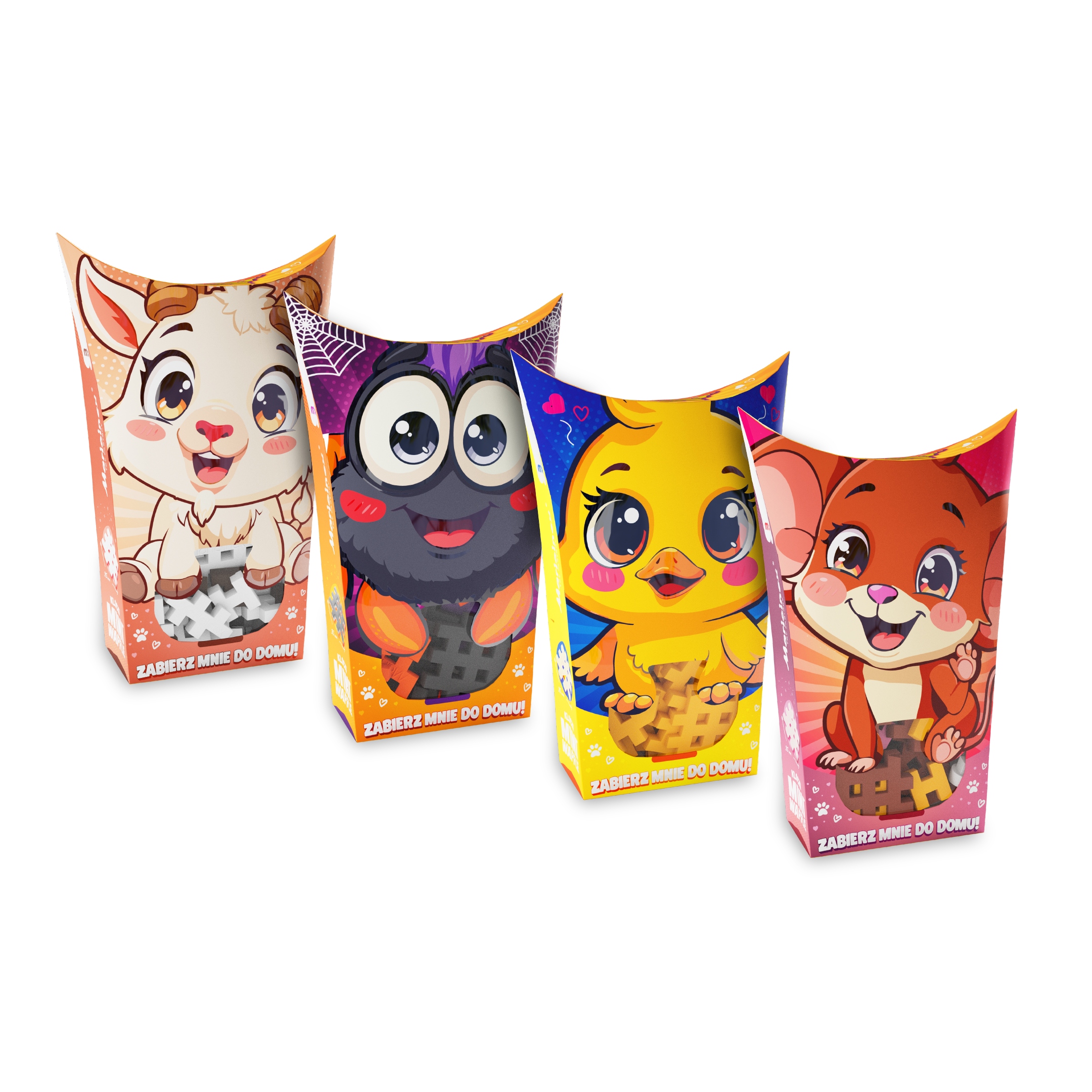 Marioinex Mini vaflové vreckové zvieratká, balenie 4 kusov: koza, pavúk, myš, kačka