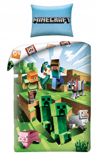 Detský set paplón, vankúš - 160x200 Blue Minecraft Bedding Alex Steve Pig