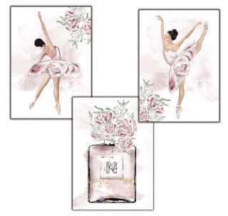 Obráz do detskej izby - 3 plagáty balerína pivonky Flakon Parfum A3