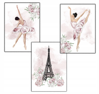 Obráz do detskej izby - 3 plagáty balerína Peonies Tower Eiffel A3