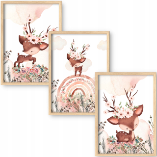Detský obraz - 3 detské plagáty 50x70 Roe Deer Jelone Rainbow Forest