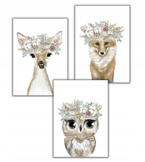 Obráz do detskej izby - 3 plagát Boho Fox Deer Owl Cotton Veniec 30x40