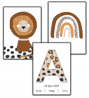 Obráz do detskej izby - 3 S Frame Boho plagát Rainbow Metric Spots Lion A4