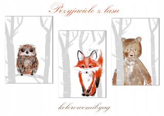 Obráz do detskej izby - 3 ks plagáty medveď Fox Owl Friends Plagáty A4