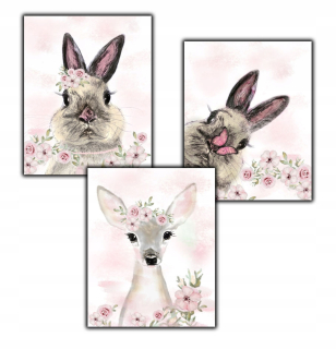 Obráz do detskej izby - 3 PCS Deer Rabbit Flowers Plagát 40 x 50