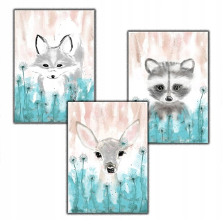 Obráz do detskej izby - 3 PCS Deer Norna Lis Plagát tyrkysový A3
