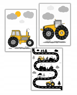 Obráz do detskej izby - 3 ks Traktory horčičný plagát Road Tractor A3