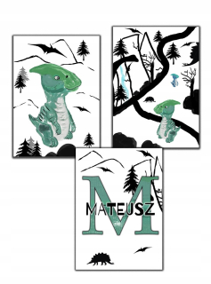 Obráz do detskej izby - 3 ks Triptych Dinosaury pre chlapcov A3 plagáty