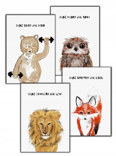 Obráz do detskej izby - 4 Lion Owl Bear Fox alebo Brave ako plagáty A3 A4