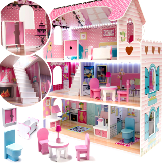 Veľké drevené DOLL HOUSE NÁBYTOK PRE VILLA LED + 70C