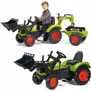Veľký traktor Falk Claas s rýpadlom a prednou lyžičkou