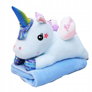 Prikrývka, prehozy na posteľ - Prikrývka s vankúšom 2in1 maskot jednorožec modrá
