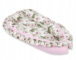 Hniezdo pre bábätko - Cocoon/Baby Playpen s ozdôbkou - pivonky ružové/