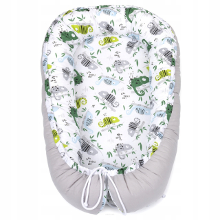 Hniezdo pre bábätko - Cocoon svetlo svetlo zelené / šedé chameleóny