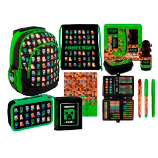 Školská taška - batoh, set, zostava - MEGA BACKPACK SET. CASE CASE. MINECRAFT + 80 prvok.