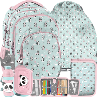 Školská taška, batoh - Bear Panda School Batchpack s Pandami Mint Set