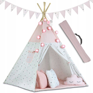 Detský domček, detský stan - STAN TIPI PRE DETI + SVETLÉ Vankúše MAT