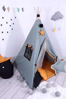 Detský domček, detský stan - NOVINKA! Stanová šalvia teepee so závesom a pomponmi
