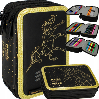 Tri -Chamber Cencil Case Black Golden Unicorn