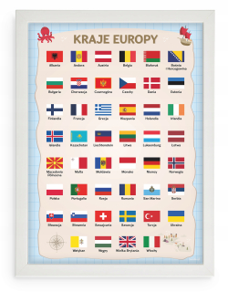 Obráz do detskej izby - Vzdelávací plagát - európske krajiny + veľký rámec (A3)