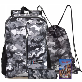Školská taška - batoh, set, zostava - Batoh, Puzdro na ceruzku, Bag - Šedá Camo School Set