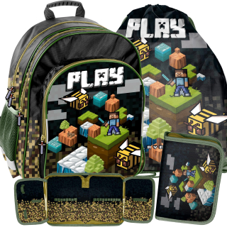 Školský batoh - School Backpack Game Minecraft Pixele Set 3in1