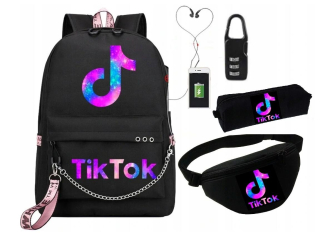 Školská taška, batoh - BALÍČEK NA ŠKOLU USB TIK TOK + PÚZDRO NA PENCILY + OBLIČEJ
