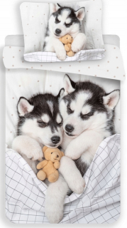 Detský set paplón, vankúš - Bavlnená posteľná bielizeň 140 x 200 zvierat Husky pes