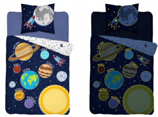 Detský set paplón, vankúš - Bavlnená obliečka Kosmos 140x200 planéty žiaria