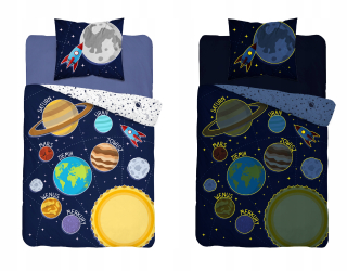 Detský set paplón, vankúš - Fluo Bedding 140x200 cm vesmírna planéta, svieti!