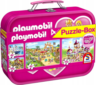 Puzzle 4v1 Schmidt Playmobil kovovom puzdre 320el