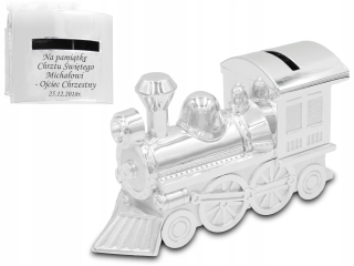 Pokladnička pre deti - Piggy Bank Locomotive s gravírovaním krstu