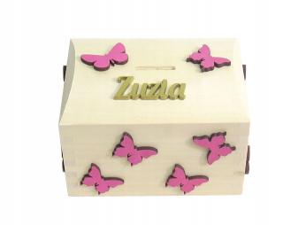 Detská pokladnička - Piggy Bank Trunk Children pomenujte motýle AF64 ružové