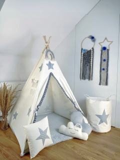 Detský domček, detský stan - Teepee pre deti krémové / svetlošedé + 3 vankúše