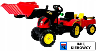 Traktor na pedále s prívesom a tabuľkovým nakladačom
