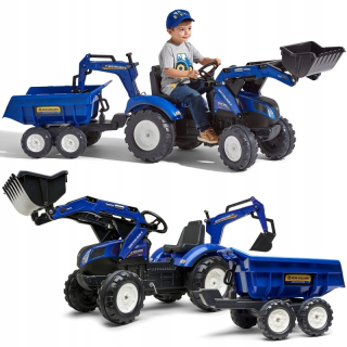 New Holland Tractor na modrých pedáloch s prívesom