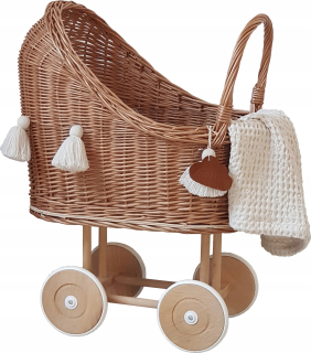 VOZÍK pre bábiky Wicker NATURAL BEDDING strapec