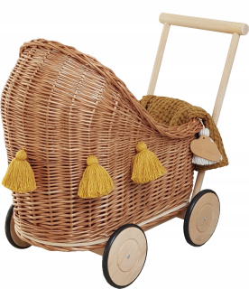 Wicker vozík pre bábiky Vintage lôžkoviny Chwosty