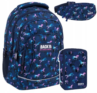 Školský batoh - Sada 3 El. Batoh ceruzky puzdro obličky Kone Navy modré