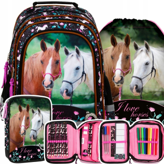Školská taška - batoh, set, zostava - Nastavte 3EL BACKPACK PACKIL CASE BAG s konským koní koňa
