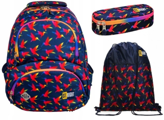 Školský batoh - ŠKOLSKÝ SET BATOH TAŠKA NA PERUČKY DÚHOVÉ VTÁČKY