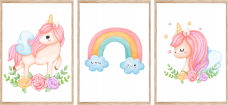 Obráz do detskej izby - Set 3 detské plagáty Unicorn Rainbow A4